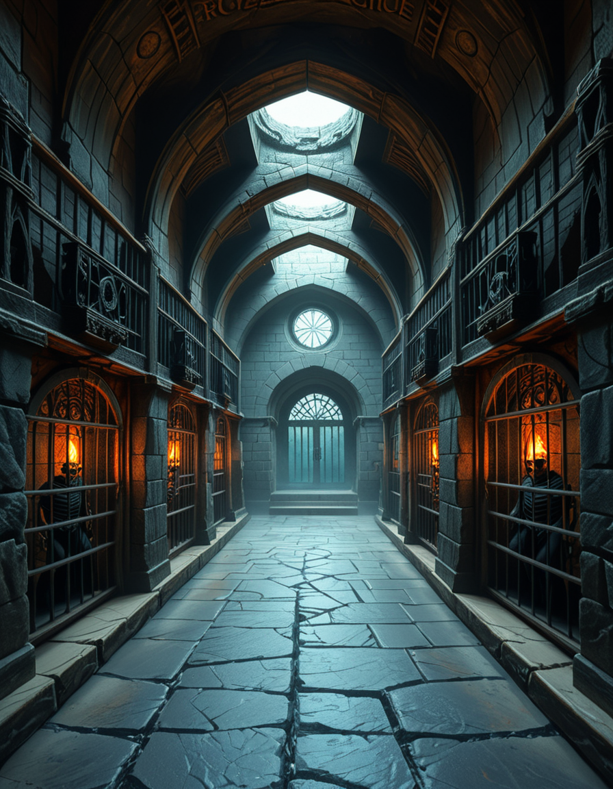 Deep within the necromancerâs fortress lies the Cell Block of the Damned, an endless crypt of imprisonment where no living beings resideâonly echoes of suffering and the restless remains of those long forgotten. The architecture is grotesque and unnatural, a fusion of blackened stone, rusted iron, and calcified bone, as if the walls themselves were formed from the fused remains of the dead. The air is cold, stale, and thick with an unnatural mist that coils like spectral fingers along the cracked floor.
Endless rows of iron-barred cells line the cavernous chamber, their interiors cloaked in unnatural darkness. Some cells contain skeletal figures, shackled in rusted chains, their hollow eye sockets glowing faintly with eerie green or crimson light. Others house shadowy wraiths, their indistinct forms flickering like dying embers, bound by ancient runes etched into the very fabric of the stone. A few cells appear completely empty, yet whispers emanate from withinâechoes of prisoners that no longer exist, but whose agony remains imprinted upon reality itself.
The walls pulse faintly, veins of necrotic energy coursing through their surface, feeding upon the despair and suffering trapped within. Chains dangle from the ceiling, some still swinging slightly as if disturbed by unseen forces. Along the floor, pools of black ichor seep from cracks in the stone, shifting unnaturally as if alive, swallowing anything that lingers too long.
At the heart of the chamber stands a monolithic iron cage, its bars twisted and gnarled, as though shaped by something with no regard for natural law. Inside, a shifting mass of bone, spectral energy, and dark mist writhes in eternal torment, its presence a gravitational wound in reality itself. The cage hums with an ominous resonance, its locks sealed with infernal sigils that glow with unholy fire, ensuring that whatever lurks within remains containedâfor now.
Above, an ancient stone archway looms, inscribed with ever-changing runes that bleed a slow, black liquid. Beyond it, the corridor stretches endlessly, shrouded in a choking fog where shapes move in the distance, watching, waiting. No footsteps ever echo in this place. No voices call out. Only the whispers of the forgotten, the endless creaking of rusted metal, and the sensation that somethingâsomething old, something hungryâis always watching.
This is not a prison.
It is a tomb for souls, a place where the dead are left to fester, to wither, and to become something else.
Style & Mood :
- Dark fantasy, gothic horror, necromantic aesthetics
- Cinematic, highly detailed, eerie lighting
- Infernal atmosphere, filled with shadows, glowing runes, and spectral entities
- Inspired by the works of ZdzisÅaw BeksiÅski, H.R. Giger, and dark medieval occultism
 <lora:SDXLFaeTastic2400:0.4> <lora:extremely_detailed:0.4> extremely detailed,<lora:necromancer_c3ll_bl0ck:1>,necromancer c3ll bl0ck, Masterpiece,best quality,hi res,8k,hi res,8k,award winning,(sharp focus, intricate, highly detailed),