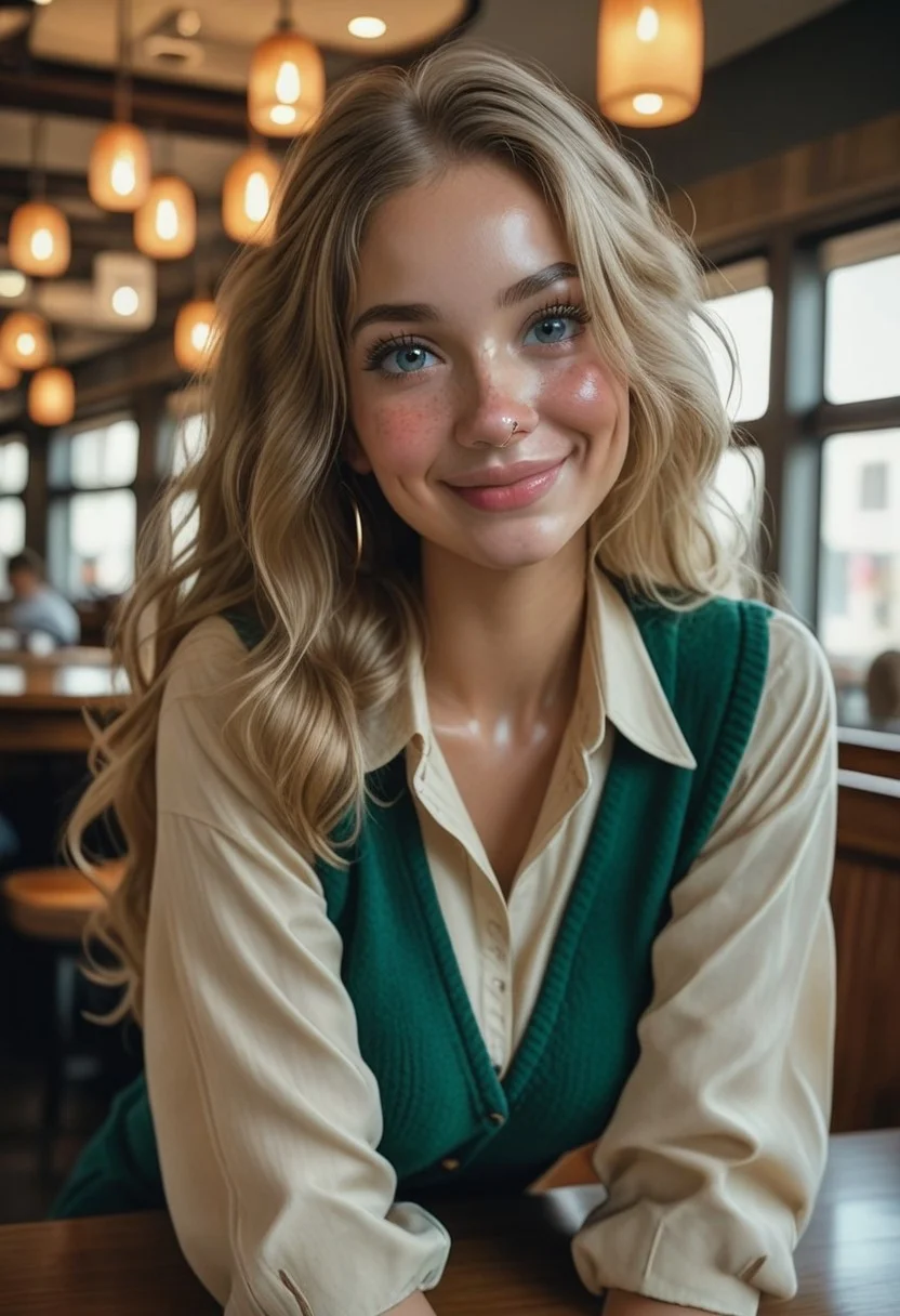 score_9, score_8_up, score_7_up, Freckles, Natural skin, zPDXL3 , 18 years old, 1 woman, young woman, beige tight longsleeve, outerwear, green vest, green leggings, blonde, chin "like Jolie", medium breasts, hairstyle "loose hair", long hair, freckles on the face, beautiful face, beautiful eyes, breasts 3 sizes, tanned skin, bright blue eyes, expressive look, big lips, light smile, delicate blush, dimples on cheeks, long thick eyelashes, (((very thin body))), perfect tits, porous skin, shiny skin, perfect body, front shooting, movie shot, surround lighting, sitting on on a chair in a cafe, opposite sits a girl, brunette, cute, pretty face, nose piercing,
