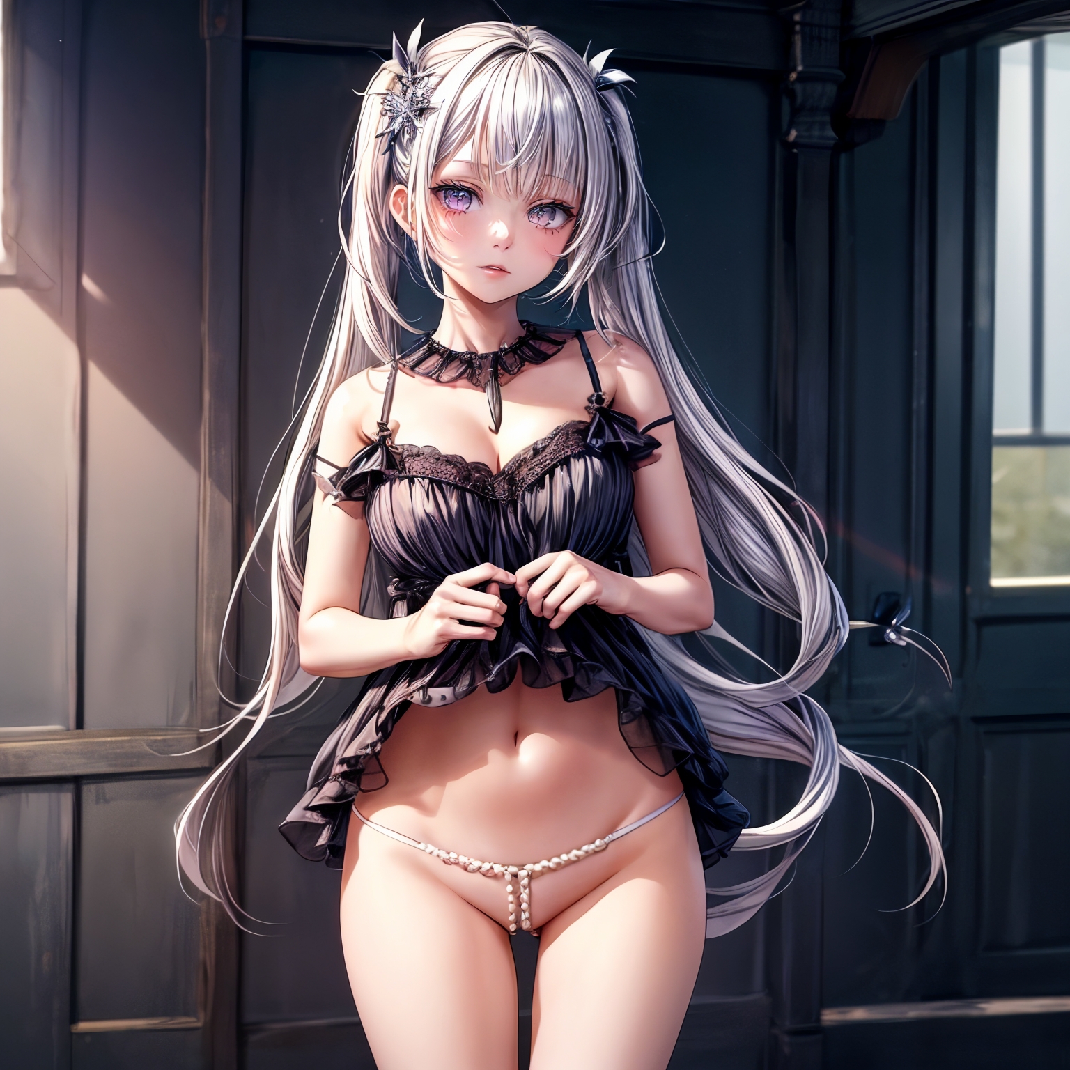 (masterpiece,ultra-detailed,best quality,8K,CG,illustration,shaved:1.2),(girl:1.0) ,<lora:add_detail:1.5> ,twin tail, long hair,silver hair, hair ornament ,simple background, <lora:pearl  panties:0.6> pearl panties, 1girl, thong, pussy