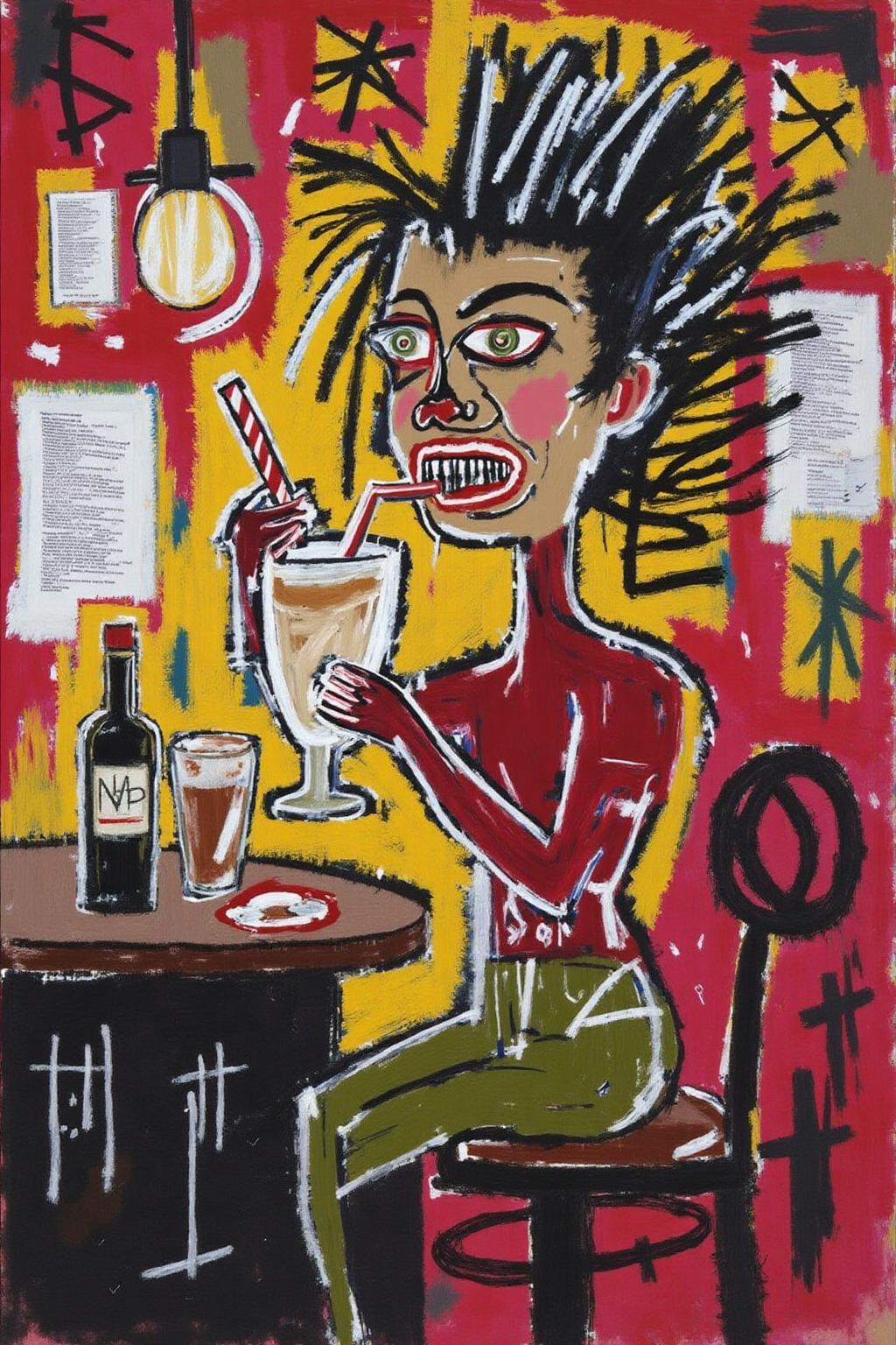 basquiat1 painting
A woman in a pub eating a milkshake <lora:basquiat1_cap_d6a3e11:1.0><lora:835170886504982284:0>