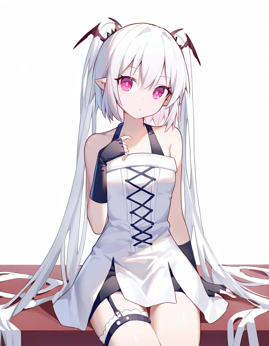 liloai,1girl,solo,<lora:liloai-000012:1>,looking at viewer,simple background,cowboy shot,white background,white dress,bare shoulders,bare shoulders,garter straps,pointy ears,fingerless gloves,sitting,quan \(kurisu tina\),, masterpiece, best quality, very aesthetic, absurdres,newest, incredibly absurdres,