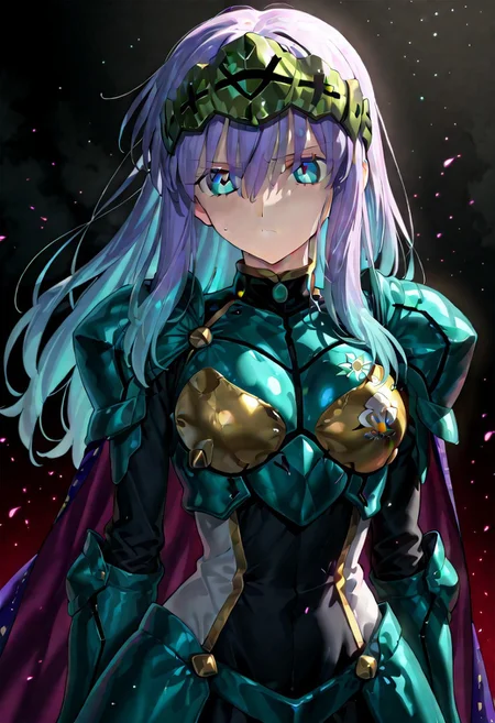 score_9, score_8_up, score_7_up, ((solo)), calm, pout, closed mouth, 1girl, solo, (medium breasts, thin waist, wide hips), peaceful, closed mouth, adult, (((eirika face))), (((cyan hair, cyan eyes))), ((long hair, hair between eyes)), (((indigo cape, metal headband, green metal_uniform, metal breast_armor))), no background, dark background, cowboy shot, dark background, portrait, Expressiveh,
