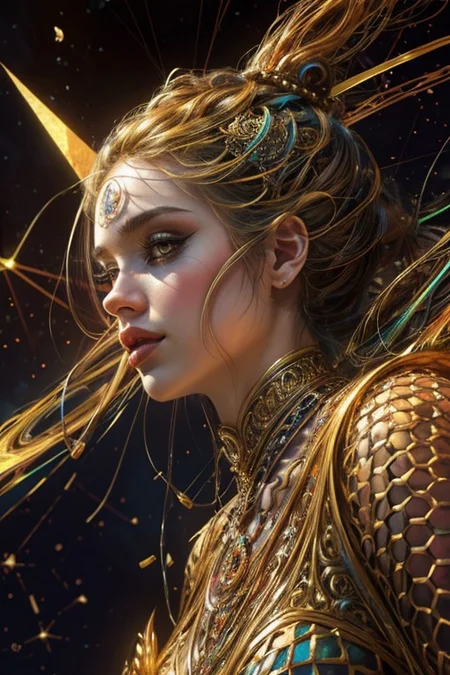 (((1girl))),(geometric abstract background:1.4), esoteric, depth of field (zentangle, mandala, tangle, entangle) (photorealistic:1.4), official art, unity 8k wallpaper, ultra detailed, beautiful and aesthetic, masterpiece,best quality, (dynamic angle:1.4), glowing skin, (floating colorful sparkles:1) the most beautiful form of chaos, elegant, a brutalist designed, vivid colours, romanticism,back to camera,