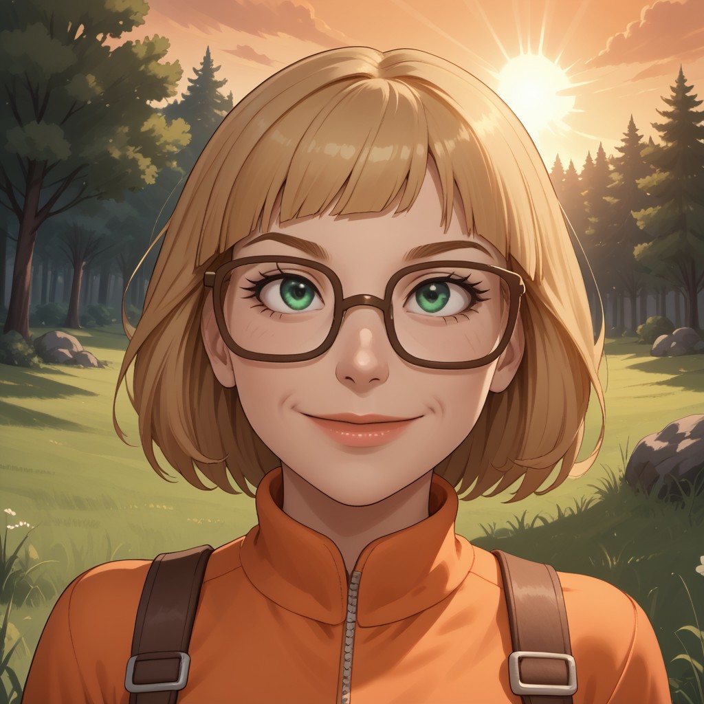 score_9, score_8, BREAK, solo, wii, mii, wii sports, 1girl, female mii, blonde hair, dark blonde eyebrows, green eyes, brown glasses, old woman, lips, orange clothing, white pants, sandals, breasts, nintendo mii, modern_mii, classic_mii, NellyWiiSports, sexy pose, self portrait, smile, outdoors, sunlight, shadows, evening lighting, natural lighting, forest, trees, grass, orange sky, sunset