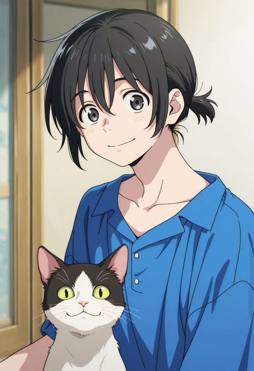 masterpiece,best quality,amazing quality, source_anime, 
MioChibana, 1boy, male focus, solo, black eyes, black hair, short ponytail, shirt, blue shirt, collarbone, cat, smile, looking at viewer,