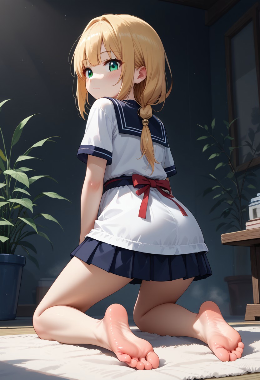 Anime girl with kneeling and looking over shoulder, showing feet, feet, soles