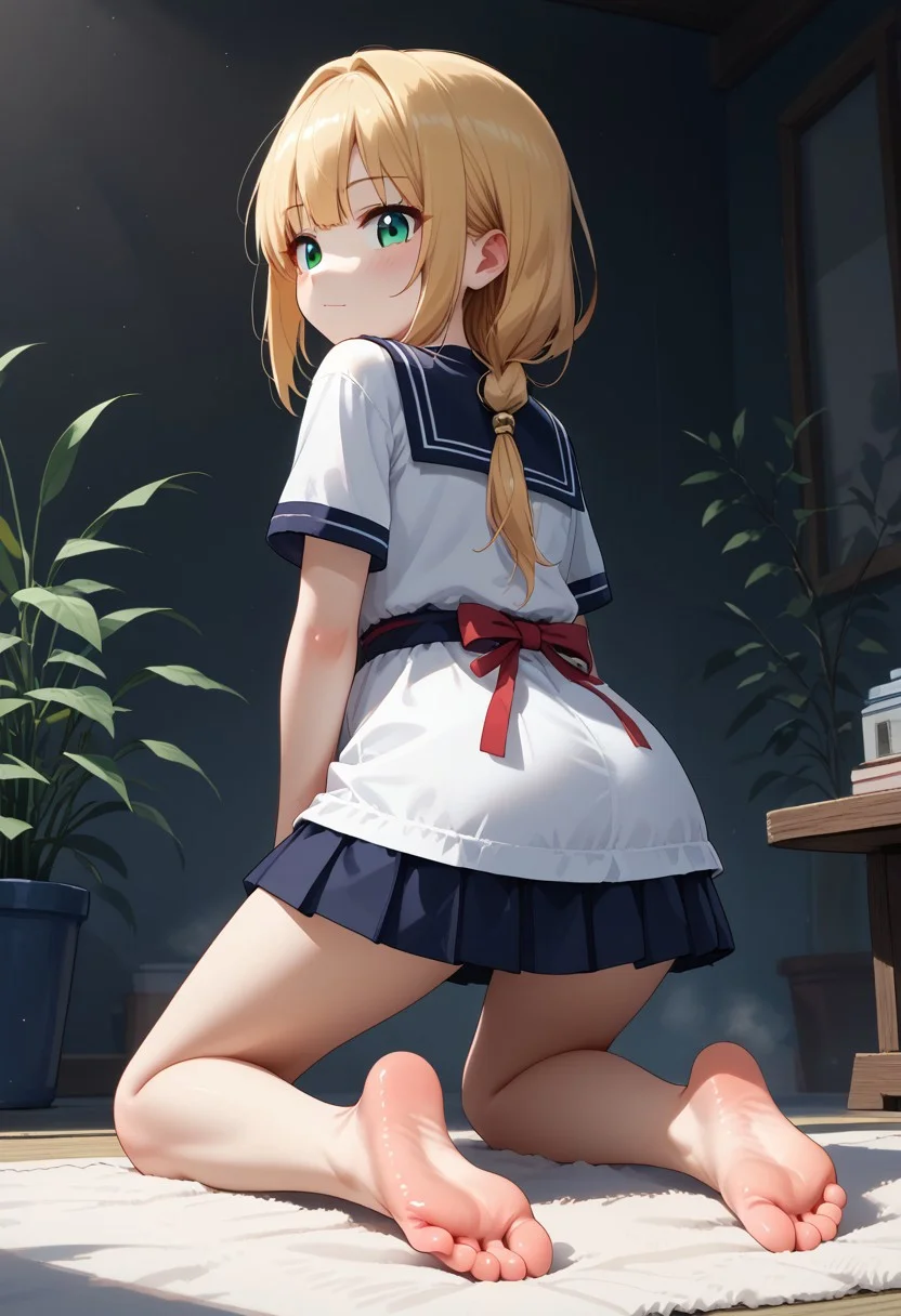 Anime girl with kneeling and looking over shoulder, showing feet, feet, soles