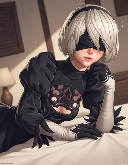 score_9, score_8_up, score_7_up, source_anime, <lora:2b-ingame-ponyxl-lora-nochekaiser:1>, 2b, yorha no. 2 type b, short hair, white hair, hairband, mole, black hairband, mole under mouth, blindfold, covered eyes, black blindfold,, gloves, long sleeves, dress, puffy sleeves, black dress, clothing cutout, cleavage cutout, juliet sleeves, feather-trimmed sleeves,, indoors, bed, bed room, on side, blush, drunk, looking at viewer, solo,, cowboy shot, dutch angle