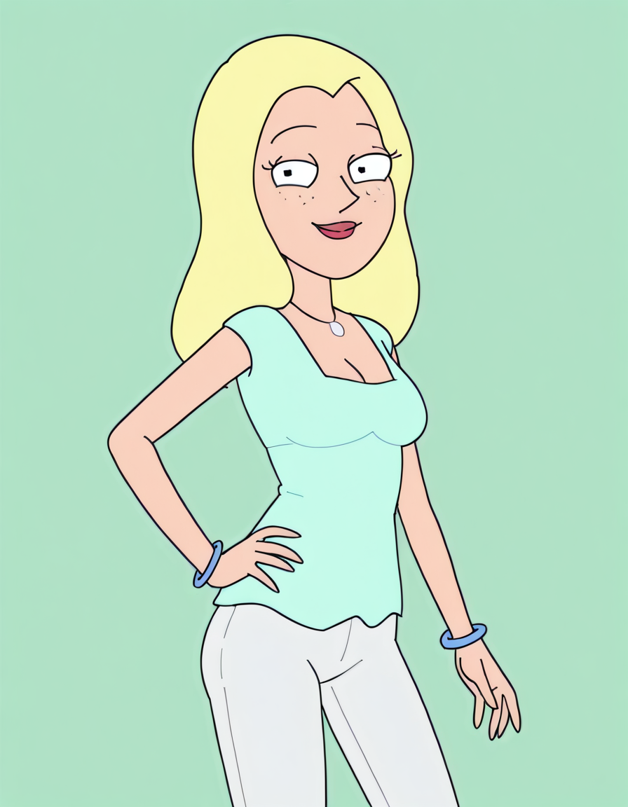 <lora:DianeIllustrious1.0JLFO:1> diane, 1girl, blonde hair, solo, freckles, long hair, necklace, breasts, cleavage, aqua shirt, smile, bracelet, pants, looking at viewer, hand on own hip, cowboy shot,simple background,