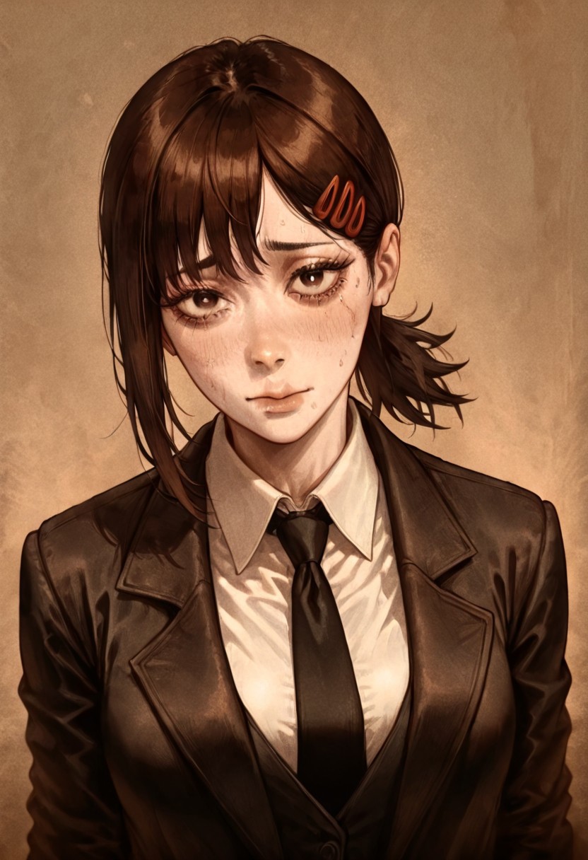 masterpiece, best quality, newest, absurdres, highres, D3CSPS-V1.0, brown theme, sepia, 1girl, higashiyama kobeni \(chainsaw_man\), brown hair, collared shirt, black necktie, black jacket,
