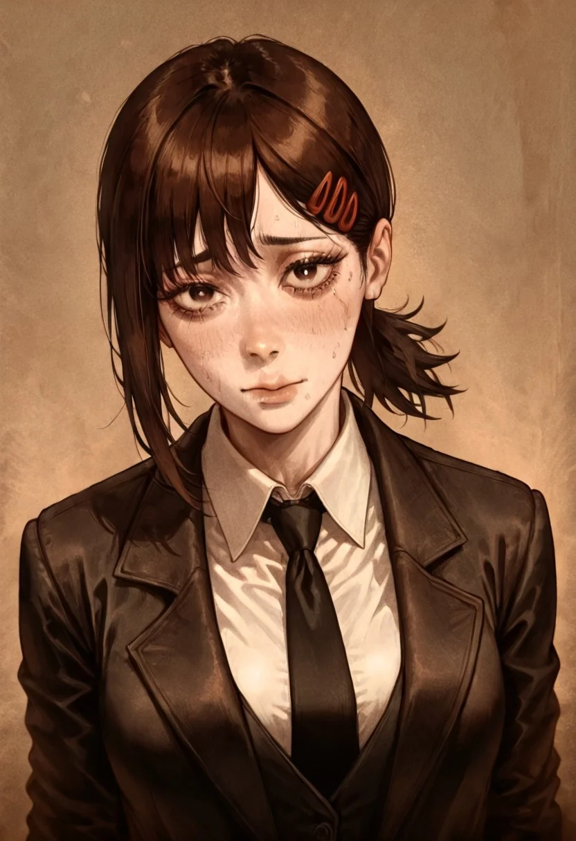 masterpiece, best quality, newest, absurdres, highres, D3CSPS-V1.0, brown theme, sepia, 1girl, higashiyama kobeni \(chainsaw_man\), brown hair, collared shirt, black necktie, black jacket,