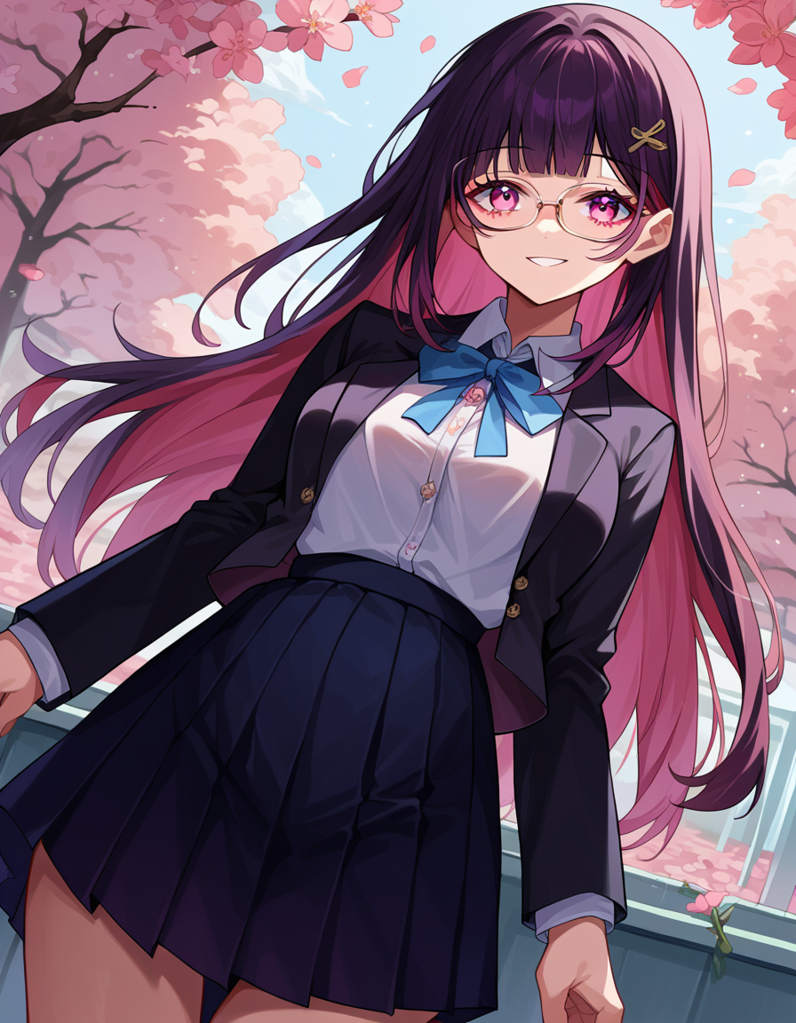 score_9, score_8_up, score_7_up, source_anime,
honkaisparkle, <lora:honkai-sparkle-ponyxl-lora-nochekaiser:1>,
sparkle school uniform, black hair, colored inner hair, glasses, hair intakes, hair ornament, hairclip, long hair, multicolored hair, pink eyes, purple hair, straight hair, smile,
black jacket, black skirt, blazer, blue ribbon, collared shirt, high-waist skirt, jacket, long sleeves, neck ribbon, open clothes, open jacket, pleated skirt, ribbon, school uniform, shirt, skirt, white shirt,
outdoors, cherry blossoms,
looking at viewer, cowboy shot, dutch angle,