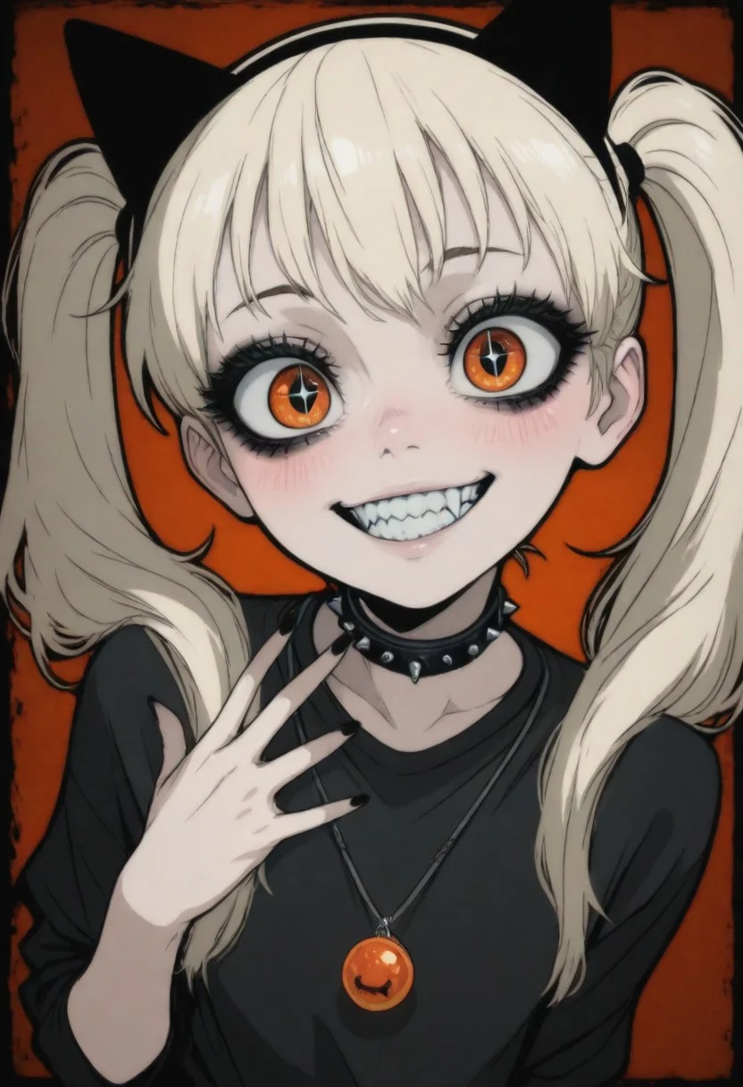 ( colored illustration with a bold black outline :1.8),Young woman, light blonde hair, pigtails, cat ears headband, expressive eyes, vivid yellow, mischievous grin, sharp white teeth, light blush, whitish-cream colored, simple crew neck t-shirt, black spiked choker necklace, reddish-orange pendant, black finger nails, posed casually, reddish-orange background, stylized anime art style, vibrant, detailed, slightly exaggerated features, close-up perspective, soft lighting, digital painting, kawaii.
