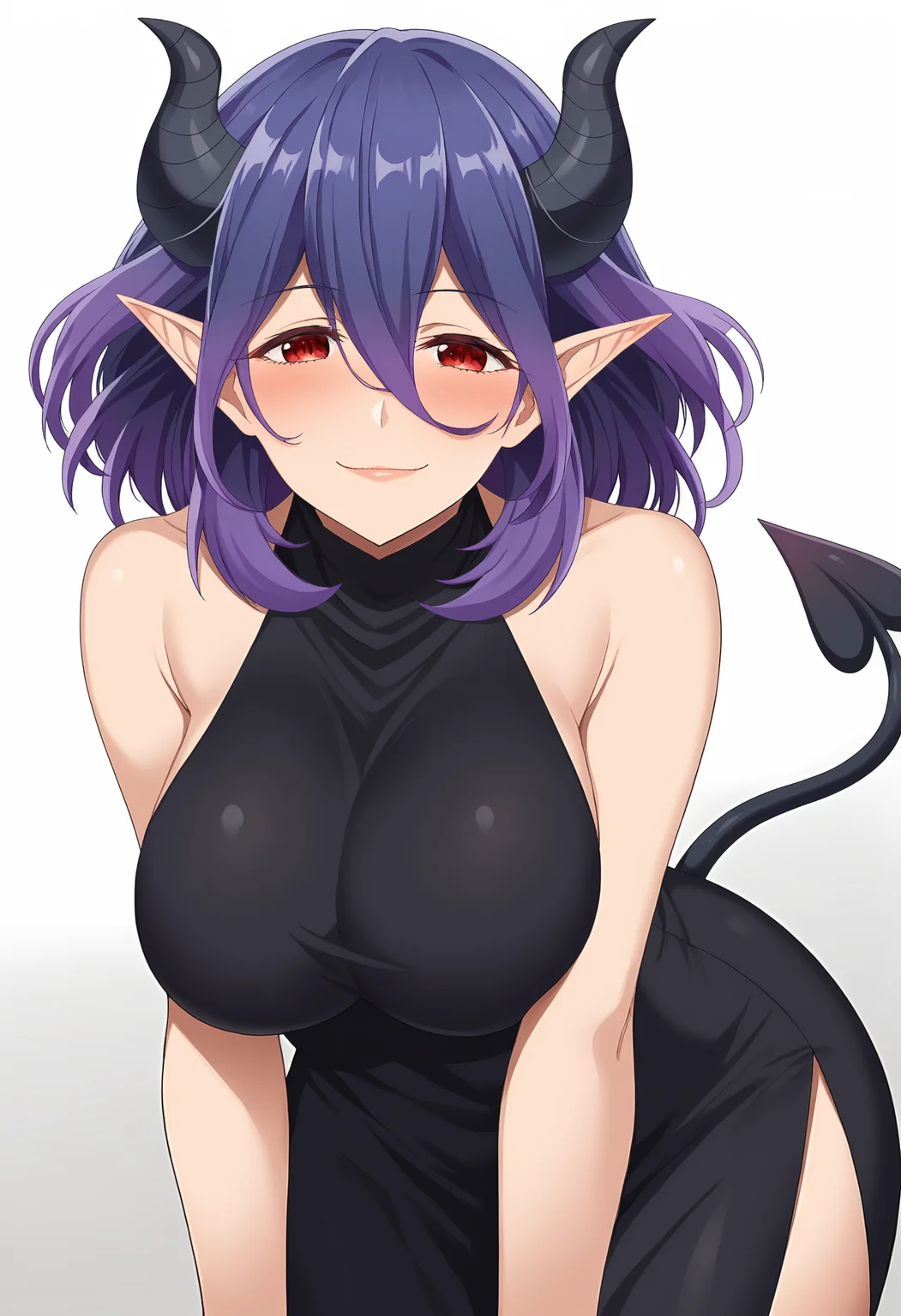 EBVermeil, 1girl, solo, looking at viewer, blush, smile, large breasts, simple background, red eyes, white background, dress, hair between eyes, bare shoulders, tail, purple hair, horns, sleeveless, medium hair, black dress, sleeveless dress, demon girl, demon horns, demon tail, black horns, pointy ears,
<lora:Vermeil-10:1>, <lora:xl_more_art-full_v1:0.8>