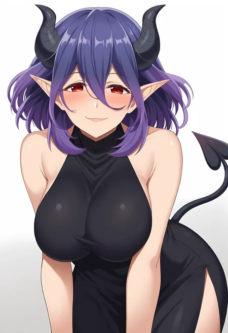 EBVermeil, 1girl, solo, looking at viewer, blush, smile, large breasts, simple background, red eyes, white background, dress, hair between eyes, bare shoulders, tail, purple hair, horns, sleeveless, medium hair, black dress, sleeveless dress, demon girl, demon horns, demon tail, black horns, pointy ears, 
 <lora:Vermeil-10:1>,  <lora:xl_more_art-full_v1:0.8>