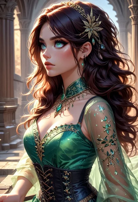 22-year-old Latina female, Her long, brown hair cascades in loose waves down her back, perfectly complementing her warm brown eyes that always seem to sparkle with curiosity and kindness. sun-kissed skin and athletic build reflect her love for the outdoors and an active lifestyle. She's in a vibrant and intricately laced cup-less formal corset dress that showcases her personality and cultural pride. Big natural cleavage. She has a serious expression on her face. Standing in the library of a castle, make the background in focus too. Camera should be up high looking down on her face and cleavage, top view. Give her a gold headband, beautiful and intricate gold necklace with an emerald in it, earrings, bracelet. Euphoria makeup style: with rhinestones around the eyes, bold colors and drama. really focus on the eyes and make them as accurate as possible.