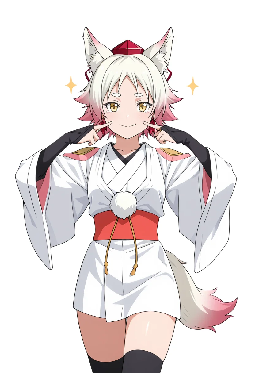 Smooth Quality,masterpiece,very intricate, high quality details, ultra realistic, high detailed skin,detailed enviorement,absurdres,
simple background, white background,
walking pose, one hand in pocket, head slightly turned, casual stride, confident aura, ,w,fingersmile,tears, <lora:Momiji_cnn:0.8> momijicnn,1girl, wolf ears, yellow eyes, white hair, pink hair, short hair, gradient hair, thick eyebrows,tokin hat, japanese clothes,white kimono,sash, black thighhighs, long sleeves, bridal gauntlets,earrings, pom pom (clothes), tail,