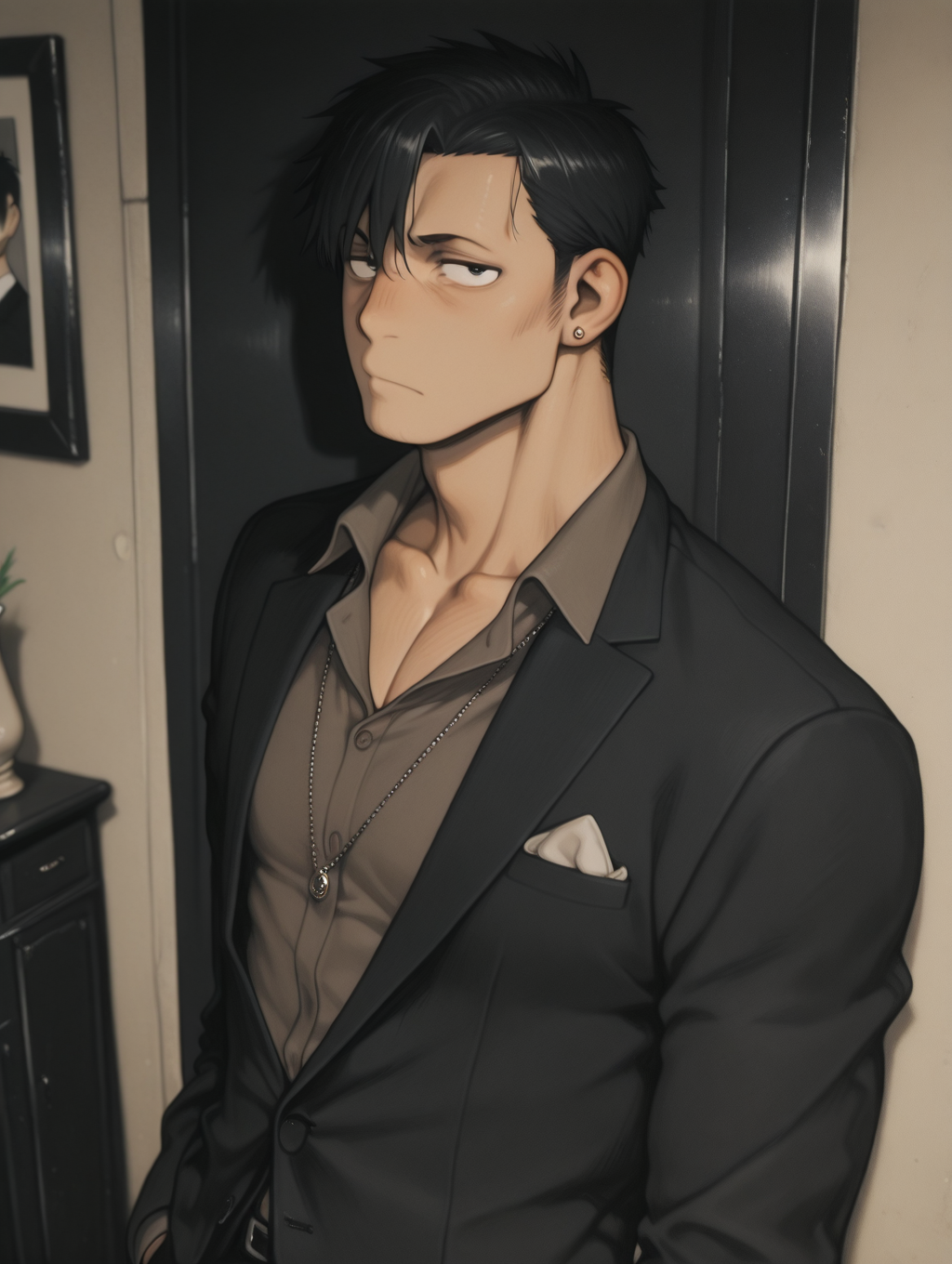 masterpiece, best quality, amazing quality, Nicolas Brown, jewelry, collarbone, male focus, formal, look at viewer, suit, black hair, solo.bara, male focus, 1 boy, traditional media, aosiai123_illu