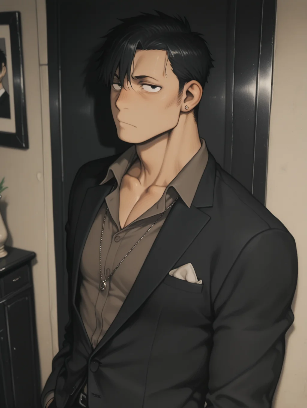 masterpiece, best quality, amazing quality, Nicolas Brown, jewelry, collarbone, male focus, formal, look at viewer, suit, black hair, solo.bara, male focus, 1 boy, traditional media, aosiai123_illu