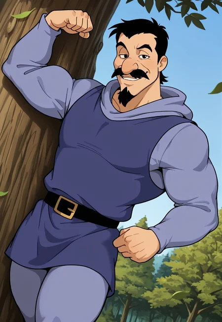 masterpiece, best quality, amazing quality, DukeIgthorn, black hair, black eyes, mustache, goatee, mature male, muscular, hooded bodysuit, hood down, blue tunic, long sleeves, looking at viewer, smile, dynamic pose, detailed background, dutch angle, forest, trees, blue sky, cowboy shot, leaning against a tree, black belt, leaves on the wind, pale blue leggings, short hair, winking, flexing one arm,