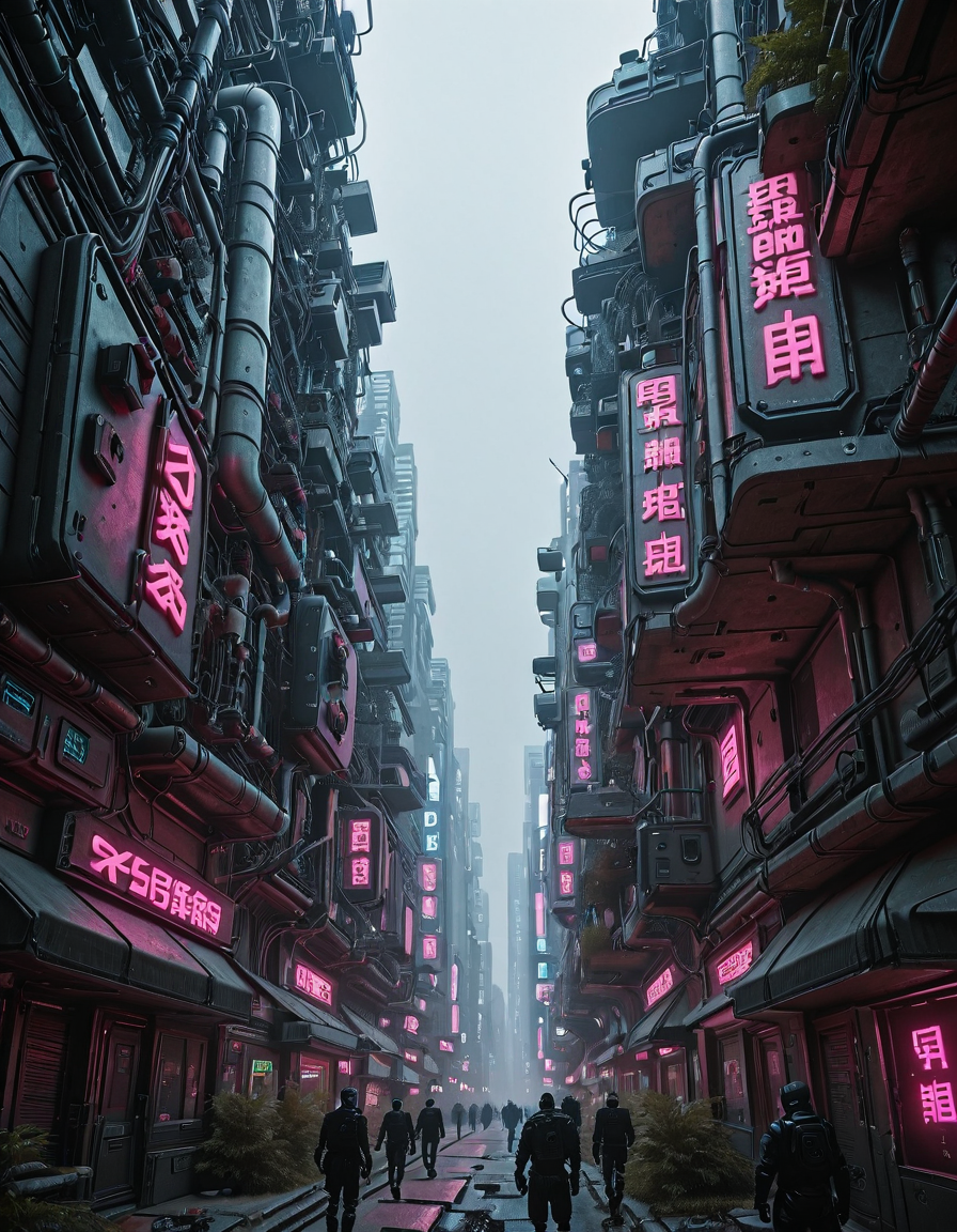 <lora:CWMinis01v2illb:1> cw01mini, cyberpunk, narrow street, cyberpunk buildings, glowing kanji, glow, illuminated, day, neons, too many wires, tubes on walls, low angle shot, photo, mist, persons, vegetation, bad weather,