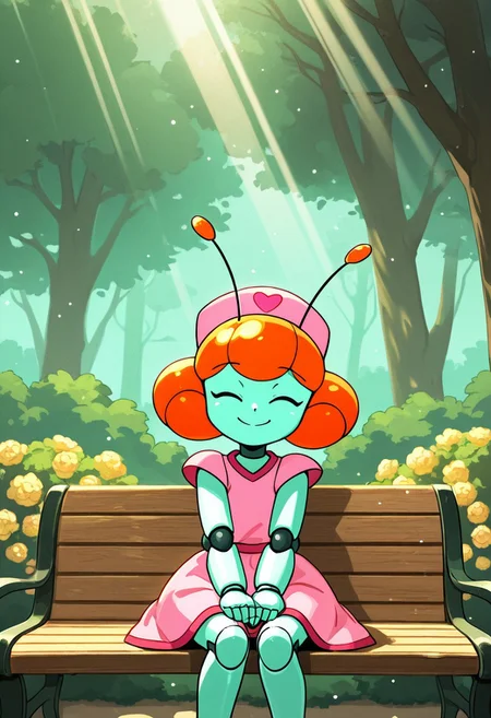 score_9, score_8_up, score_7_up, score_6_up, BREAK, 0hn0R0b, 1girl, solo, orange hair, colored skin, robot, antennae, pink headwear, pink dress, smile, looking at viewer, outdoor, sitting on bench, tree, flower, bush, sunlight, light particles, light rays, sunbeam, dappled sunlight looking up at viewer, eyes closed, happy closed eyes, happy smile,  <lora:Ohno_rob_IllustriousXL:0.8>
