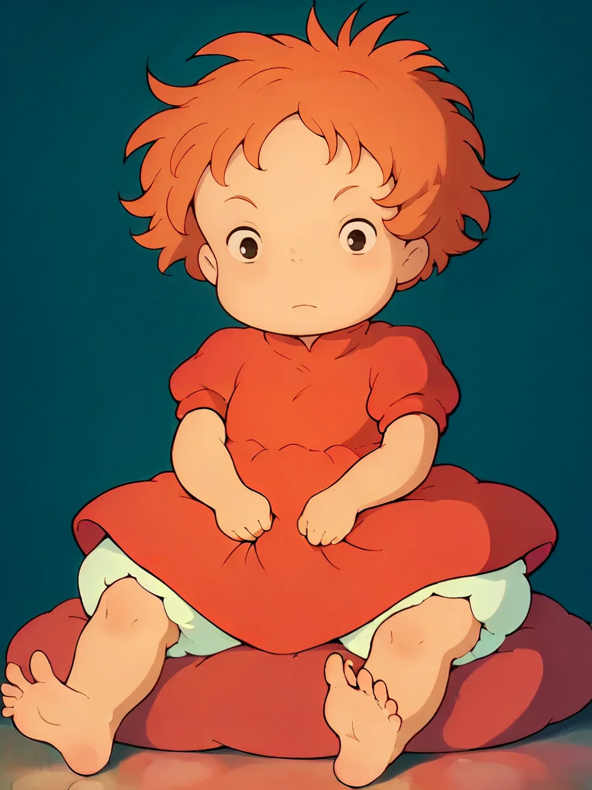 score_9, score_8_up, score_7_up, score_6_up, score_5_up, <lora:PonyoXLP:1> ponyo, 1girl, short hair, dress, solo, barefoot, orange hair, black eyes, child, red dress, bloomers, sitting, blue background