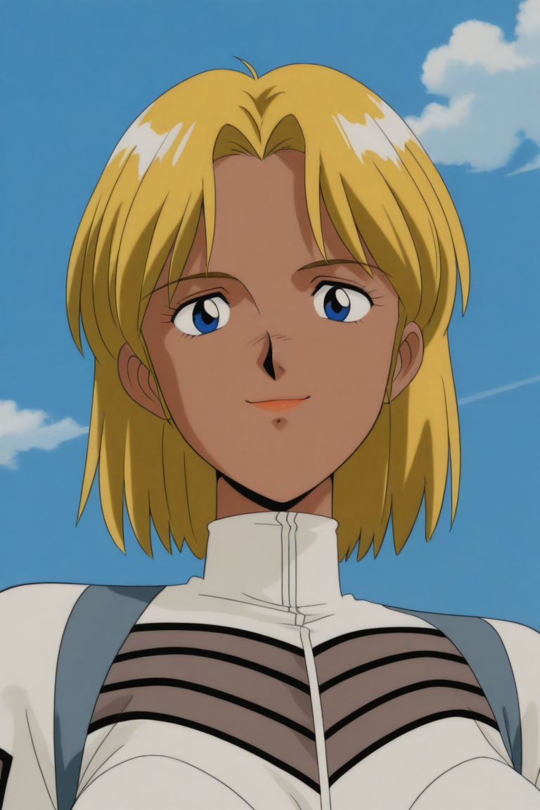 masterpiece, best quality, source_anime,official art,perfect_anatomy,1990s_\(style\),retro_artstyle,1girl,Electra,blonde_hair,dark_skin,short hair,bodysuit,pilot suit,breasts,(beautiful detailed face,looking_at_viewer,smile),face focus,upper_body,day,blue_sky,cloud