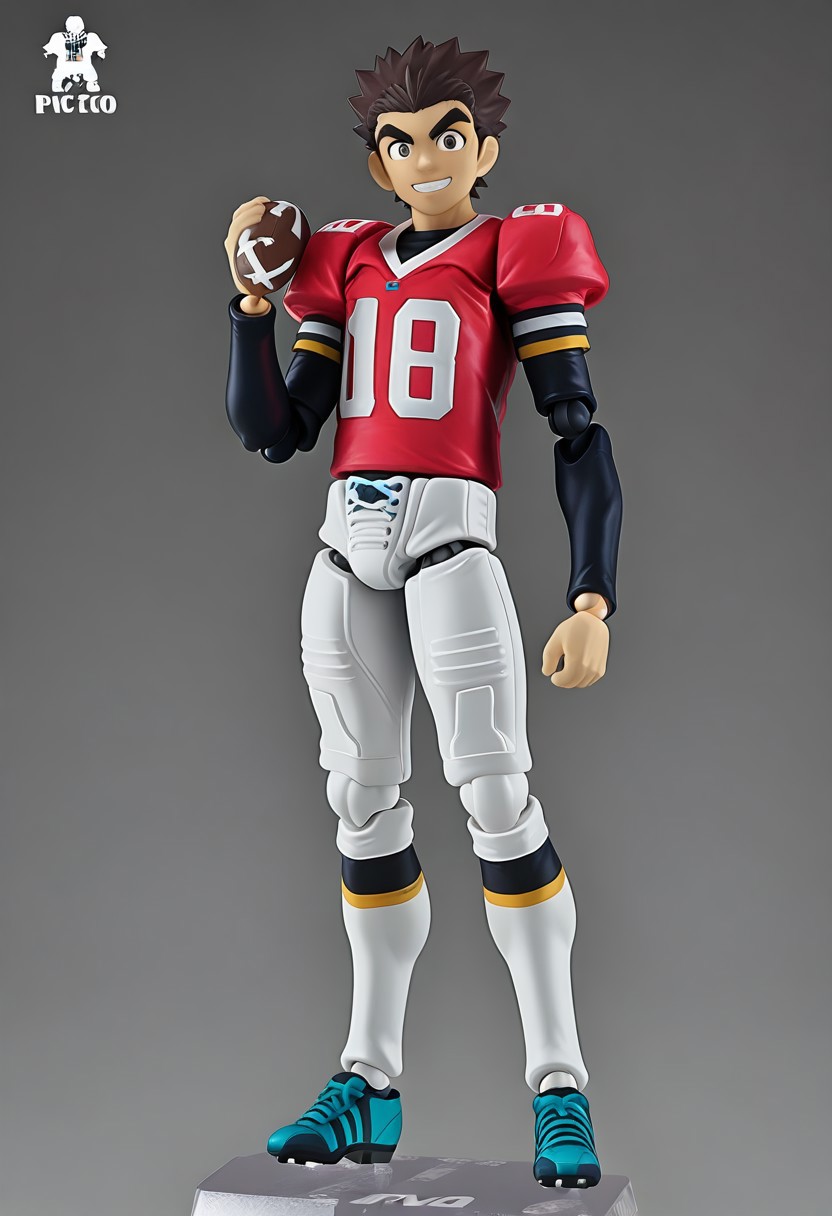 figma, figure anime style, PVC, Yaoi figure PVC, PVC boy, PVC texture, male, High Quality, perfect anatomy, HD, anime style, break
TAROU RAIMON, 1boy, solo, alone, brown hair,  thick eyebrows, dark brown eyes, athletic build, smiling, posing, looking at viewer, football uniform, tight uniform, red and white uniform,