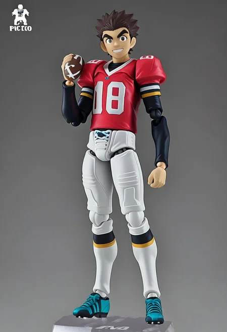 figma, figure anime style, PVC, Yaoi figure PVC, PVC boy, PVC texture, male, High Quality, perfect anatomy, HD, anime style, break
TAROU RAIMON, 1boy, solo, alone, brown hair,  thick eyebrows, dark brown eyes, athletic build, smiling, posing, looking at viewer, football uniform, tight uniform, red and white uniform,