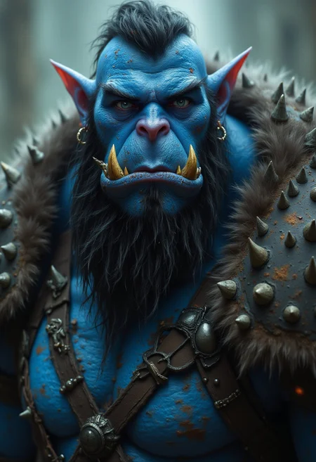 A muscular, bearded orc with blue skin and pointy ears is looking directly at the viewer. He has black hair, adorned with earrings and a nose piercing. His face features fangs, horns, and a tattoo, with piercing blue eyes. He wears gloves, armor, and has spikes running along his arms. His tusks are prominent, adding to his intimidating appearance.