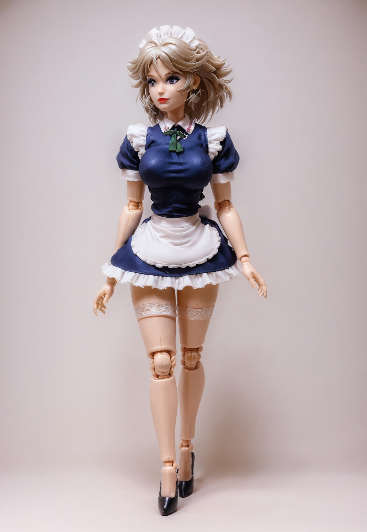 safe_pos, score_9,score_8_up,score_7_up,score_6_up,breasts, full body , plastic skin , doll joints, (masterpiece, top quality, best quality, beautiful and aesthetic:1.2), (((Sakuya))), doll, chibi, bimbo, 1girl, solo, breasts, curvy, wide hips, narrow waist, doll joints, lips, bow, dress, maid, maid headdress, parody, short sleeves, thighhighs, hair_between_eyes, midriff, navel, yellow eyebrows, makeup, eyeshadow, red lips, closed mouth, cowboy shot, (((earrings))), looking to the side, high heels, thighhighs, curvy, breasts, jewelry, BarbieCore, doll, barbie doll, barbie