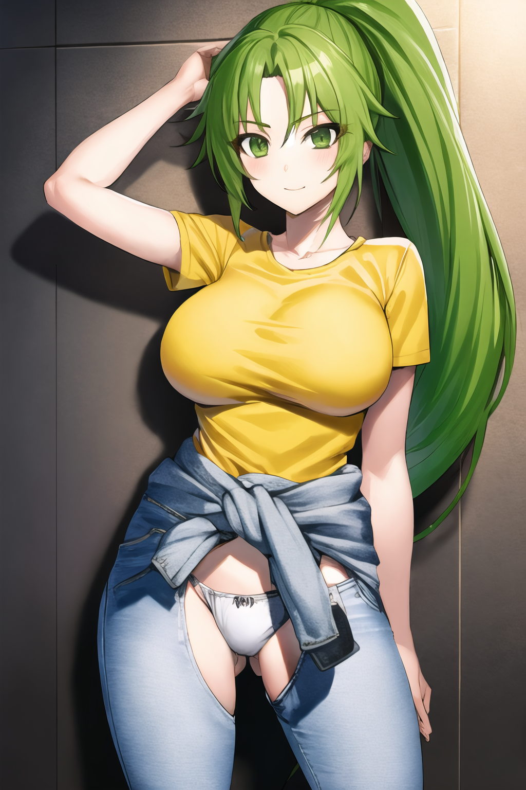 masterpiece, best quality, ultra-detailed, 1girl, crotchless pants, crotchless, panties, yellow tee, Mion Sonozaki, green hair, green eyes, ponytail, clothes around waist, jeans