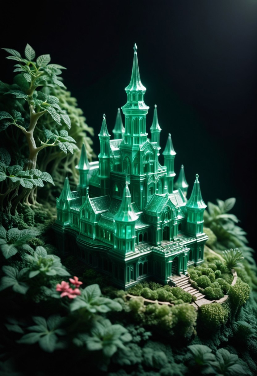 cinematic still Translucent Organelle Unfolding Metamaterial Parouflaged Prime NeuralNano, Miniature castle Emerald foliage Colorful petals . emotional, harmonious, vignette, 4k epic detailed, shot on kodak, 35mm photo, sharp focus, high budget, cinemascope, moody, epic, gorgeous, film grain, grainy