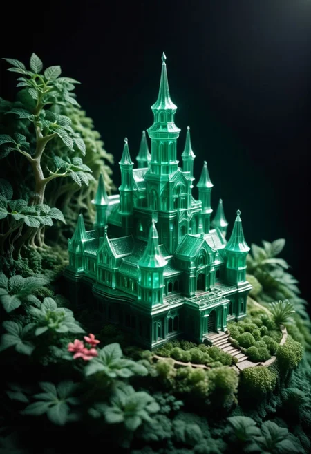cinematic still Translucent Organelle Unfolding Metamaterial Parouflaged Prime NeuralNano, Miniature castle Emerald foliage Colorful petals . emotional, harmonious, vignette, 4k epic detailed, shot on kodak, 35mm photo, sharp focus, high budget, cinemascope, moody, epic, gorgeous, film grain, grainy