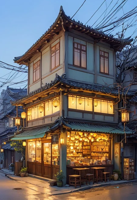 A cozy, small traditional Korean shop illuminated warmly at dusk, surrounded by a large, intricate tree with branches sprawling across the scene. The shop has wooden panels and shelves filled with various goods, and a soft yellow glow emanates from its windows and lanterns. Outside, there are a few stools and tables under the tree, scattered leaves, and soft lighting creating a serene and nostalgic atmosphere. Overhead, electrical wires crisscross the sky, adding depth and realism. The environment is peaceful, with a blend of natural and urban elements harmonizing beautifully.. (anime, cyberpunk, Moebius (Jean Giraud) Style page)