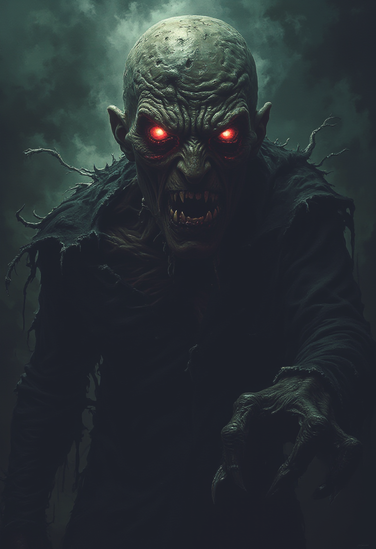 sp00k1h0rr0r dark, horror, terrifying creature, dark shadows, spectral form, glowing red eyes, eerie mist, ominous atmosphere, supernatural, nightmarish, lurking in darkness, gothic horror, natural light, 35mm photograph, film, professional, 4k, highly detailed, Golden hour lighting. Depth of field F2. Rule of Thirds Composition. High detail.