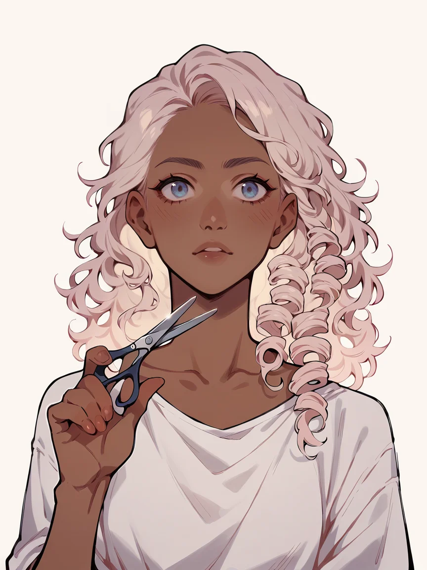 score_9, score_8_up, score_7_up, score_6_up, <lora:cuth41r2:1> cutting hair, cuth41r, haircut, cut off hair, cutting hair, holding scissors, 1girl, long hair, curls, ombre hair, pink, dark skin.