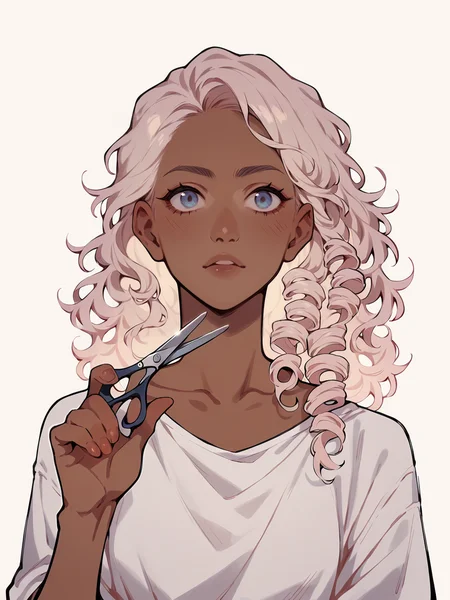 score_9, score_8_up, score_7_up, score_6_up,   <lora:cuth41r2:1> cutting hair, cuth41r, haircut, cut off hair, cutting hair, holding scissors, 1girl, long hair, curls, ombre hair, pink, dark skin.