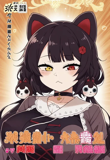 1girl, inui toko, dog girl, heterochromia, closed mouth, choker,  :<, frills, black hair, dog ears,virtual youtuber, hair flower, flower, animal ears, brown hair, long hair, yellow eyes, twintails, hair ornament, low twintails,  red eyes,  <lora:pony_char_inui_toko-000006:1>,,,,,, anime coloring, anime screencap, 1girl,Solo ,, anime,PUFFY nipple,huge breasts,,official art, Uncensored ,Unedited ,,,, , ,,,