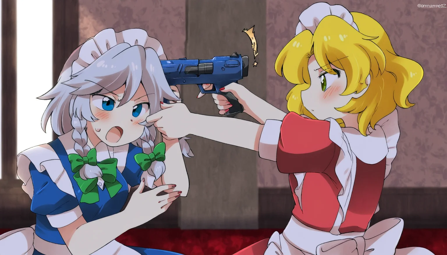 2girls, yumeko_\(touhou\), izayoi_sakuya, m-76e omaha, handgun, holding gun, aiming, fighting, duel, indoors, best quality, masterpiece, eromame, <lora:OWN/pops_cyb_m-76e_omaha-v007.safetensors:1.0>