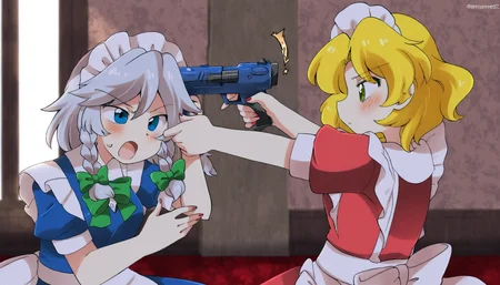 2girls, yumeko_\(touhou\), izayoi_sakuya,  m-76e omaha, handgun, holding gun, aiming, fighting, duel, indoors, best quality, masterpiece, eromame, <lora:OWN/pops_cyb_m-76e_omaha-v007.safetensors:1.0>