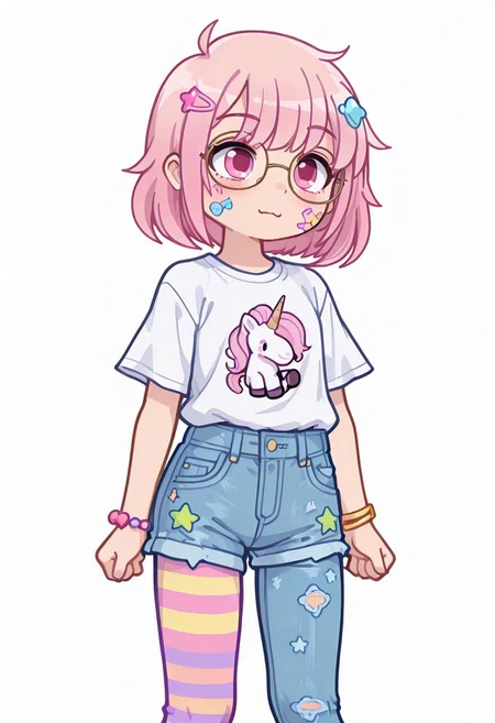 masterpiece ,best quality, amazing quality, ARITSA, ARITSAGacha, Gacha, girl, pink hair, hair ornament, pink eyes, stickers on cheeks, pink-haired girl, round glasses, white too short T-shirt with a unicorn on it, Jeans hot pants over colorful striped pantyhose with holes, Wears Chucks. , white background, ((Face Front View)),