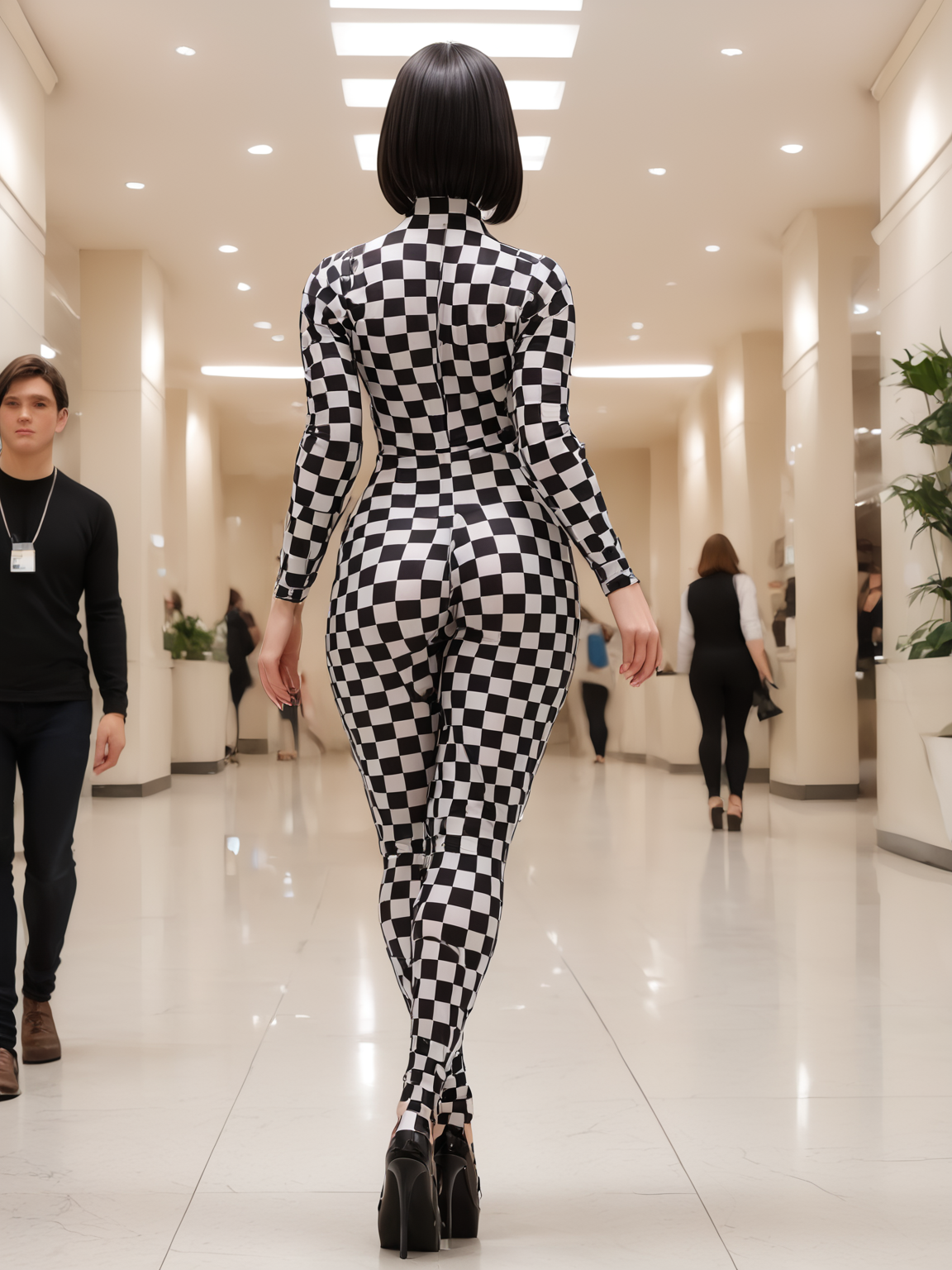 score_9,score_8_up,score_7_up, 1girl, wearing checked bodysuit, full bodysuit, black hair, small ass, narrow waist, big breasts, perfect face,  blunt bangs, bob cut wig,  ch3ck, ( from behind, from side:0.6), BREAK walking down Rodeo Drive, long strides, hip sway, three quarter profile, carrying bright shopping bags, high heels, people admiring girl in background, sunny day, Beverly Hills,  cinematic dynamic photo,<lora:Checked_Boy_Suit_-_Panache:1>  <lora:Dynamic Poses:1> <lora:d3t41l3dXLP:0.3> d3t41l3d <lora:Dramatic Lighting Slider:1>