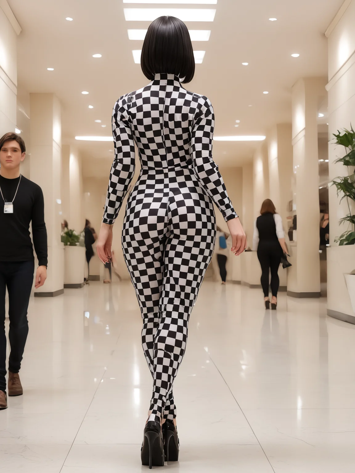 score_9,score_8_up,score_7_up, 1girl, wearing checked bodysuit, full bodysuit, black hair, small ass, narrow waist, big breasts, perfect face,  blunt bangs, bob cut wig,  ch3ck, ( from behind, from side:0.6), BREAK walking down Rodeo Drive, long strides, hip sway, three quarter profile, carrying bright shopping bags, high heels, people admiring girl in background, sunny day, Beverly Hills,  cinematic dynamic photo,<lora:Checked_Boy_Suit_-_Panache:1>  <lora:Dynamic Poses:1> <lora:d3t41l3dXLP:0.3> d3t41l3d <lora:Dramatic Lighting Slider:1>