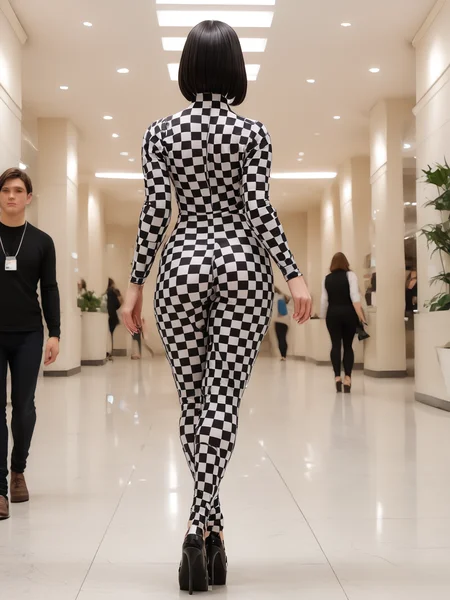 score_9,score_8_up,score_7_up, 1girl, wearing checked bodysuit, full bodysuit, black hair, small ass, narrow waist, big breasts, perfect face, blunt bangs, bob cut wig, ch3ck, ( from behind, from side:0.6), BREAK walking down Rodeo Drive, long strides, hip sway, three quarter profile, carrying bright shopping bags, high heels, people admiring girl in background, sunny day, Beverly Hills, cinematic dynamic photo,<lora:Checked_Boy_Suit_-_Panache:1> <lora:Dynamic Poses:1> <lora:d3t41l3dXLP:0.3> d3t41l3d <lora:Dramatic Lighting Slider:1>