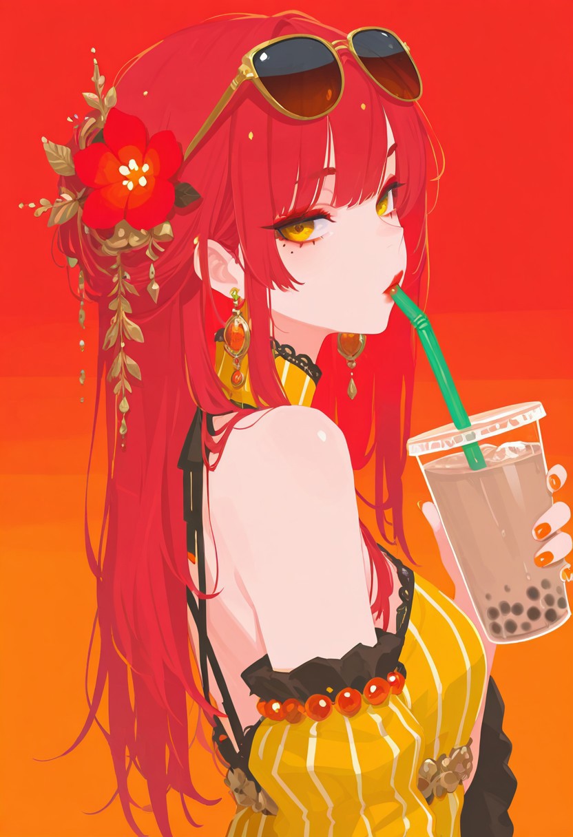 masterpiece,best quality,amazing quality, 1girl, solo, long hair, looking at viewer, golden eyes, hair ornament, dress, holding, jewelry, red hair, upper body, flower, earrings, food, detached sleeves, hair flower, striped clothes, nail polish, mole, from side, red sky, cup, looking to the side, mole under eye, makeup, yellow dress, fruit, orange background, sunglasses, holding cup, eyewear on head, orange nails, red flower, vertical-striped clothes, drinking straw, red theme, drink, red lips, striped dress, vertical-striped dress, holding drink, bubble tea, drinking straw in mouth, h4ra_illu