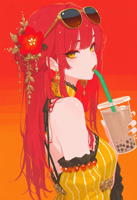 masterpiece,best quality,amazing quality, 1girl, solo, long hair, looking at viewer, golden eyes, hair ornament, dress, holding, jewelry, red hair, upper body, flower, earrings, food, detached sleeves, hair flower, striped clothes, nail polish, mole, from side, red sky, cup, looking to the side, mole under eye, makeup, yellow dress, fruit, orange background, sunglasses, holding cup, eyewear on head, orange nails, red flower, vertical-striped clothes, drinking straw, red theme, drink, red lips, striped dress, vertical-striped dress, holding drink, bubble tea, drinking straw in mouth, h4ra_illu