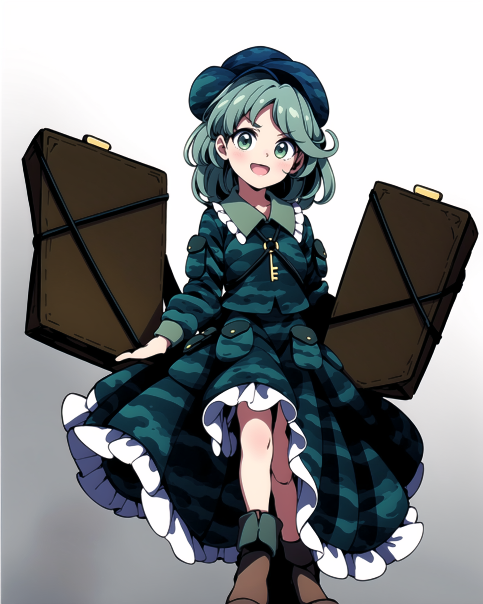 <lora:touhou_yamashiro-11:1>, cowboy shot, solo, 1girl, yamashiro takane, smile, looking at viewer, hat, flat cap, camouflage, frills, shirt, long sleeves, green skirt, boots, key, <lora:add_detail:1>, masterpiece, best quality,