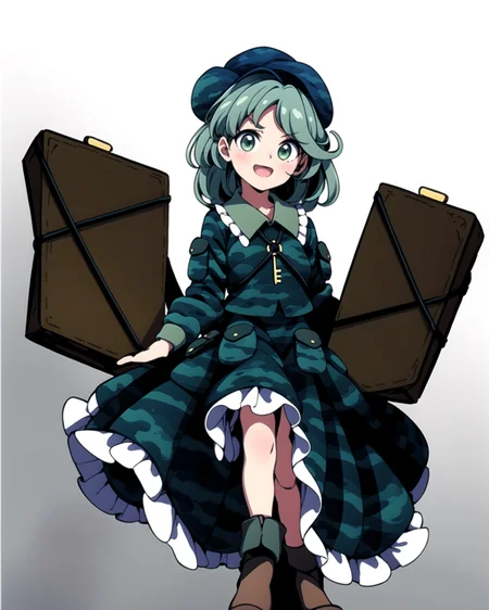 <lora:touhou_yamashiro-11:1>, cowboy shot, solo, 1girl, yamashiro takane, smile, looking at viewer, hat, flat cap, camouflage, frills, shirt, long sleeves, green skirt, boots, key, <lora:add_detail:1>, masterpiece, best quality,